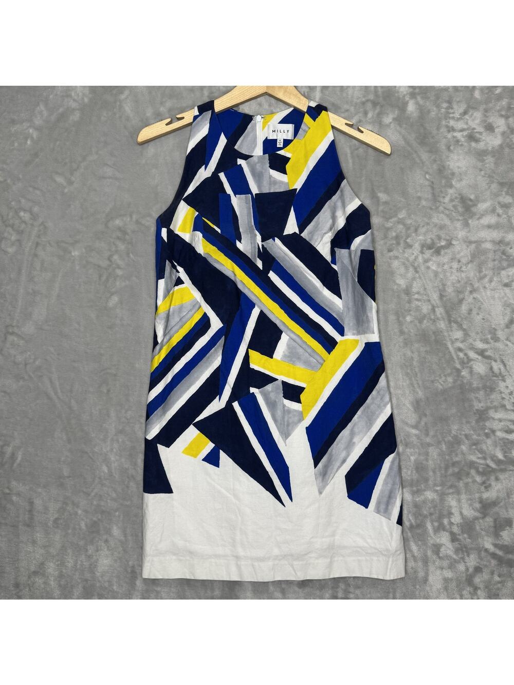 Milly Dress Womens 4 Blue Yellow White Geometric Print Sleeveless Made USA Mod